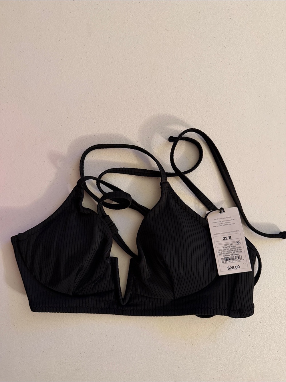 Shade & Shore Black Ribbed Bikini Top with Strappy Back